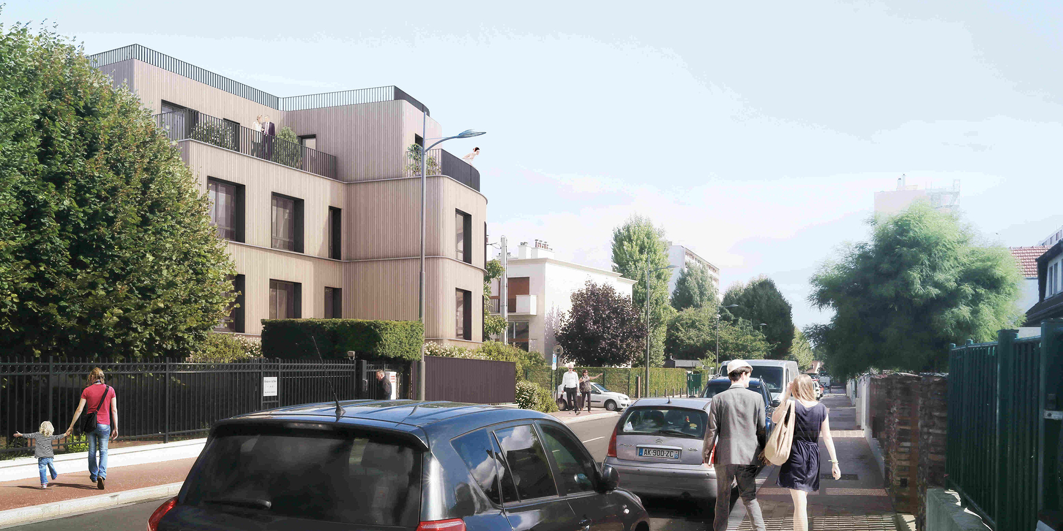Ossabois réalise des façades en murs à ossature bois et un bardage en bois pour des logements collectifs d'Enghien-les-Bains.